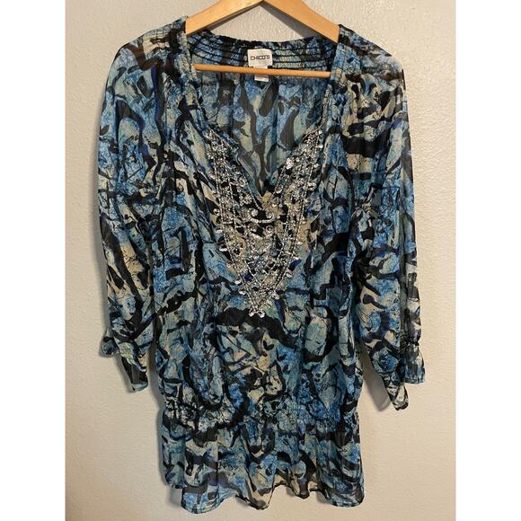 Chicos Tunic Top Womens Size 3 Blue Black Sheer Beaded Embellished Blouse Boho - Picture 1 of 9